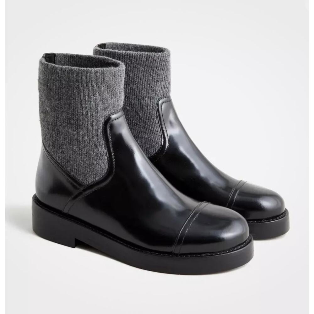 J. Crew Black Leather & Gray Knit Ankle Booties